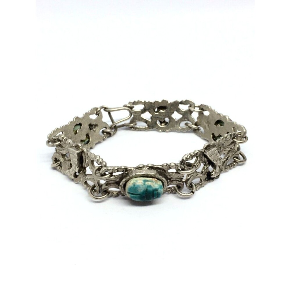 Vintage Scarab Bracelet Egyptian Revival Silver Tone Queen Nefertiti Panel